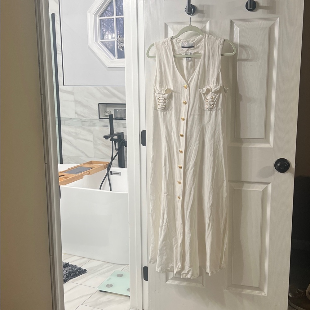 Class Linen Blend Nautical Button Front Dress Size 14 | Lace-Up Waist